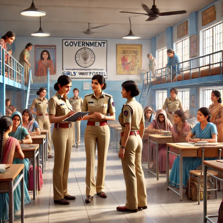 DALL·E 2025-01-09 19.01.04 - A realistic depiction of women AIS officers inspecting a government girls' welfare hostel in India. The scene features a group of professional women o