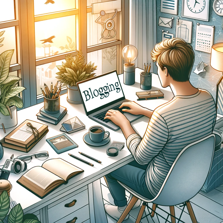 DALL·E 2025-02-02 19.42.36 - An artistic illustration of a person working on their laptop in a cozy, modern home setting, representing blogging. The scene includes a neatly arrang
